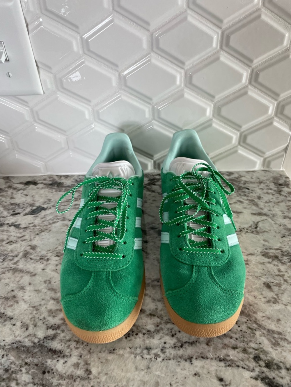 Gazelle adidas Green Suede Athletic Sneakers with White Stripes and Gum Sole